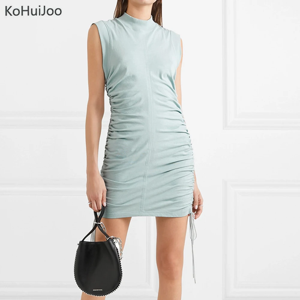 

KoHuiJoo Women's T shirt Dress Summer Sexy Stretch Bodycon Dressess Solid Sleeveless Folded Dresses Ladies Runway Dresses