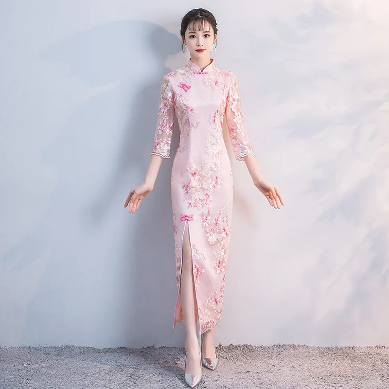 Современные новые длинные платья Чонсам с вышивкой Chinoise розовые вечерние Qi Pao Женские китайские традиционные платья Qipao Женская Роба в восточном стиле - Цвет: Picture color