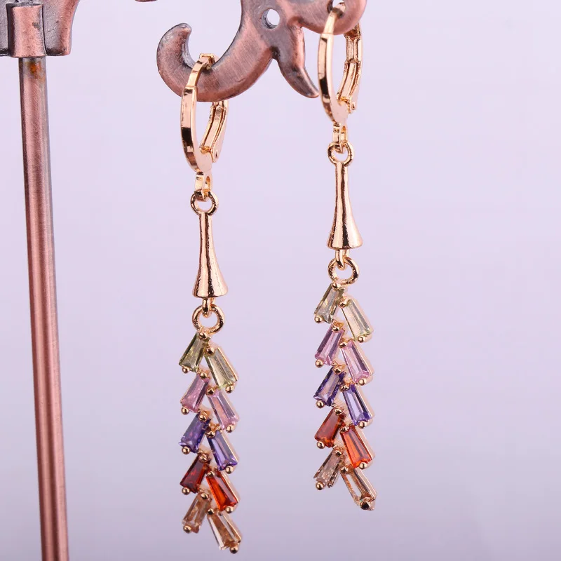 

New Colorful Drop Earrings for Women Gold Color Earring With Leaves Rainbow Zircon Trendy Jewelry for Wedding Gift