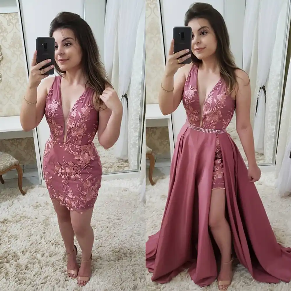 Vestido de festa curto decote em v, sexy, renda, apliques, vestido de noite, charmoso, com cinto, destacável, formal|Vestidos de Festa| - AliExpress