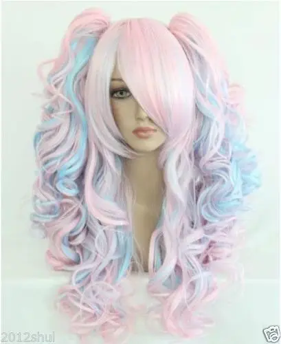 

high quality Long pink mixed blue Wigs for women +2ponytails