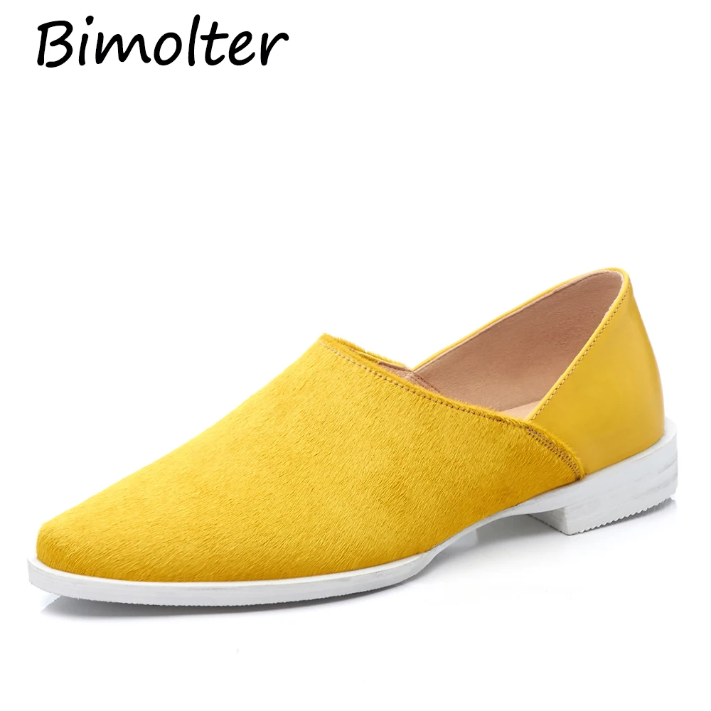 

Bimolter Fashion brand Yellow square toe Horse hair Thick heels women pumps high quality girls Leather shoes Sra zapato NC046