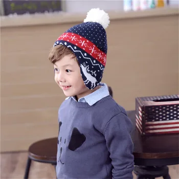 

Baby hats export foreign trade original single children's hat Tibetan blue Christmas deer jacquard boys autumn and winter hats