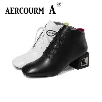 

Aercourm A 2019 Women Middle Heel Boots Black white winter Shoes Short Plush Boots Lace Solid Color shoes ankle boots for women