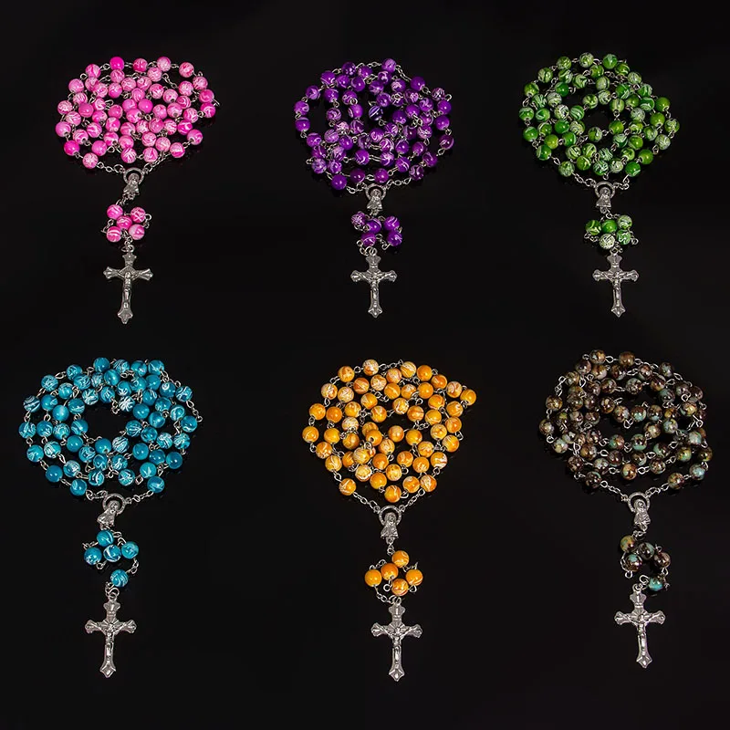 

8mm Six color Bead Rosary Pendant Necklace Alloy Cross Virgin Mary Centrepieces Christian Catholic Religious Jewelry