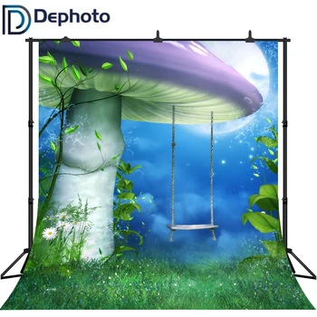 

Dephoto Dreamy Mushroom Photography Backdrop Fairy Tale Forest Swing Moon Night Florets Meadow Background Photo Studio Props