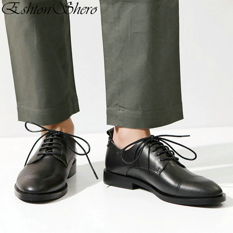 

EshtonShero Women's Shoes Woman Pumps Leather+PU Low Heels Spring Lace Up Classic Black Ladies Wedding Shoes Size 3-11