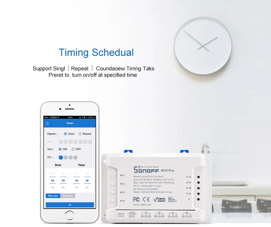 Интеллектуальный выключатель света Sonoff 4CH Pro R2 умный переключатель дистанционного управление 4 Каналы 433 МГц 2,4G Wi-Fi пульт для Управление Смарт модули автоматизации 90-250 В переменного тока(50/60 Гц)/5-24 В постоянного тока