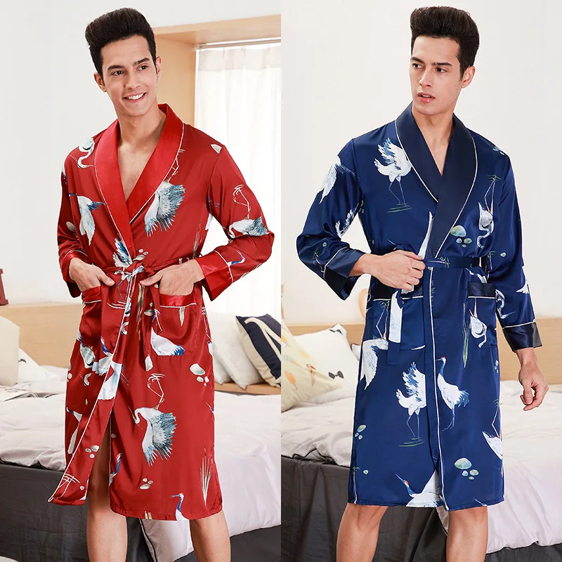 

2019 New Mens Spring Kimono Robe Bath Gown Casual Silky Home Wear Male Sleep Nightgown Sleepwear Sleepshirts Pijama Mujer L-XXL