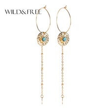 Дикие и Свободные ювелирные изделия в стиле бохо, женские серьги-кольца, Простой камень, Золотая круглая подвеска, длинные кисточки, листья, серьги-кольца, свадебный подарок