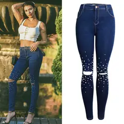 Женская летняя с высокой талией облегающие джинсы женские рваные сексуальные горячие ковбойские джинсовые брюки Laies синяя Мода