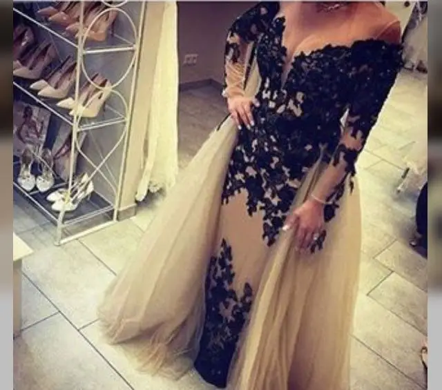 

Vestido De Festa Elegant Long Sleeve scoop Straight Evening Dress 2019 Black Applique Tulle evening gown Prom Dresses