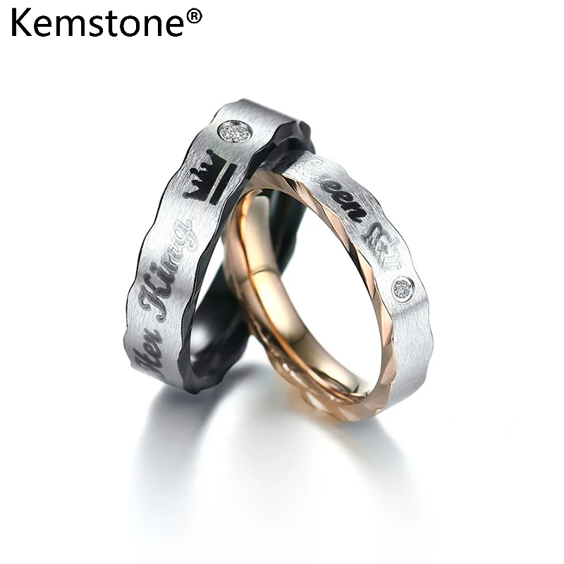 Best Kemstone Domineering Stainless Steel AAA CZ Rose Gold Black Color King Queen Couple Ring Jewelry Gift For Men Women