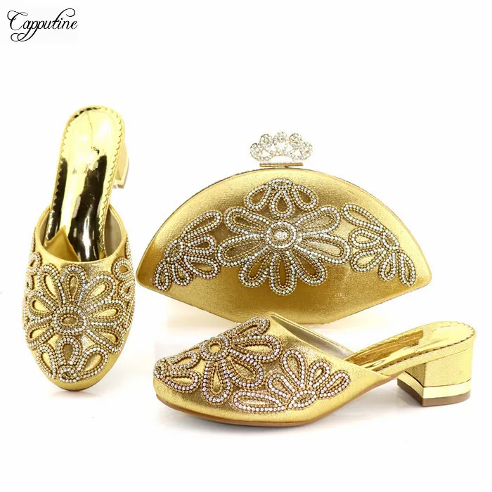 

Pretty gold with shinning stones lady sandal shoes and handbag sets for party 1136-2 heel height 5cm