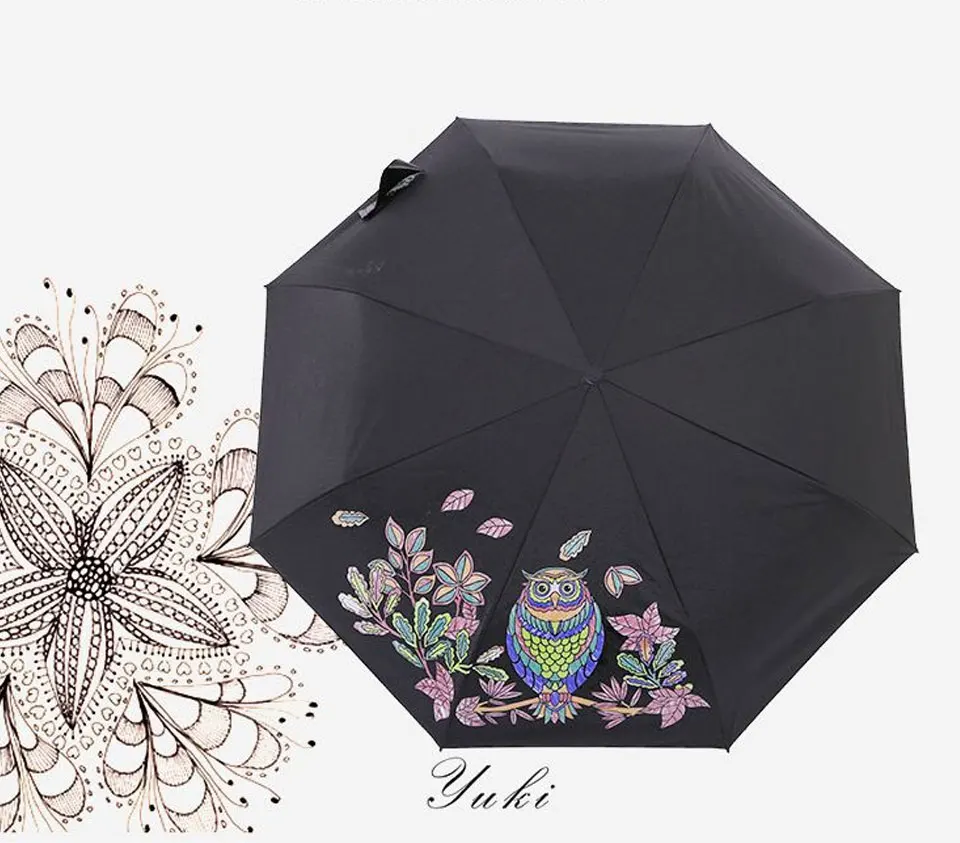 Три складных зонта с рисунком Совы с защитой от ультрафиолетовых лучей, черный женский зонтик, магический меняющий цвет, Карманный Зонт от дождя
