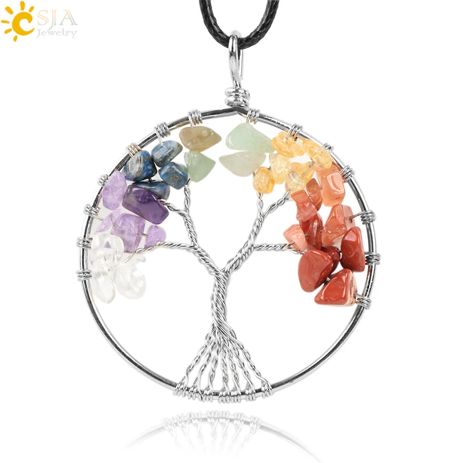 

CSJA Life Tree 7 Chakra Natural Crystal Stone Necklace Pendant Special Root Design Rainbow Color Green Aventurine Free Rope E270