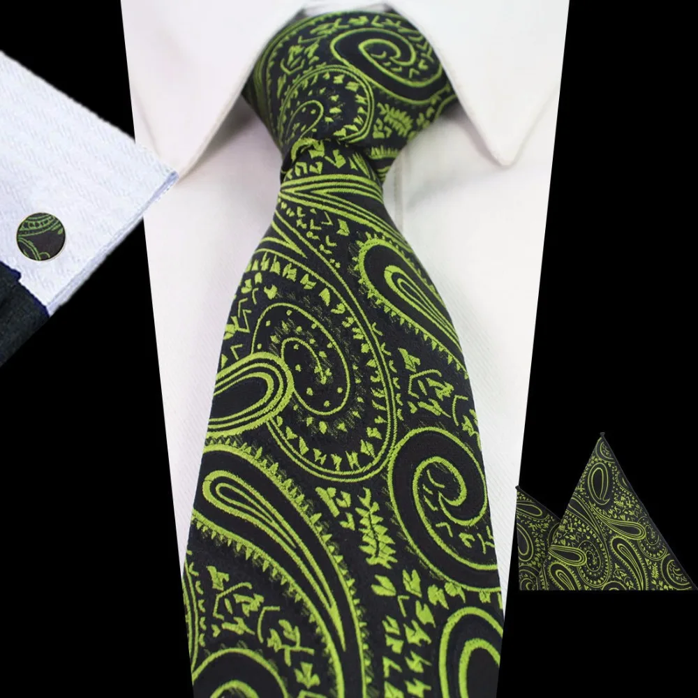 Ricnais мужской галстук набор Зеленый Пейсли Цветочный шелковый галстук гравата карман Квадратные запонки для мужчин формальный свадебный вечерний для жениха бизнес