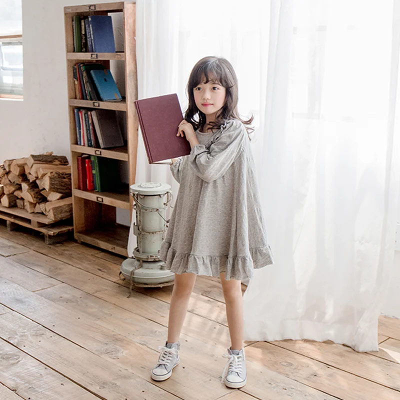 Брендовое платье для малышей Новинка года, весеннее детское Повседневное Платье серое простое платье для маленьких девочек, модная одежда для отдыха с рюшами#3946