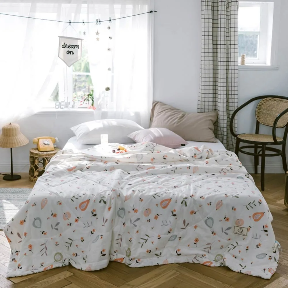 

2019 Fresh Fruits Leaves INS Towel Gauze Blanket Quilting Summer Thin Quilt Pure Cotton Twin Queen Size Comforter