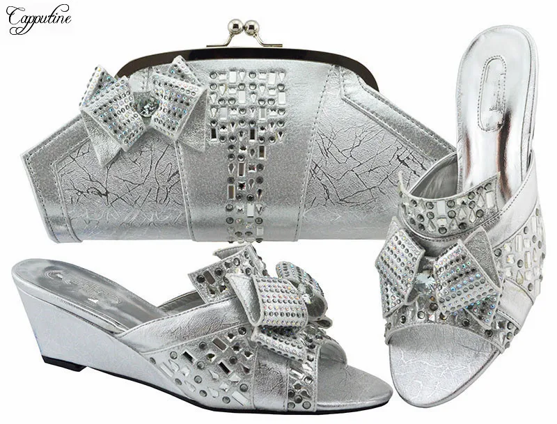 

Amazing silver wedge heel sandal party shoes and handbag set for party MM1072 heel height 6.5cm