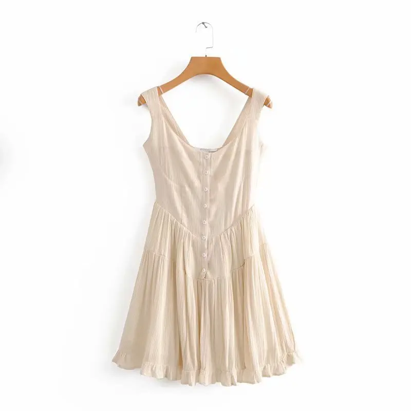 Летнее Новое Женское платье с v-образным вырезом и высокой талией, повседневные плиссированные мини-платья на пуговицах - Цвет: beige