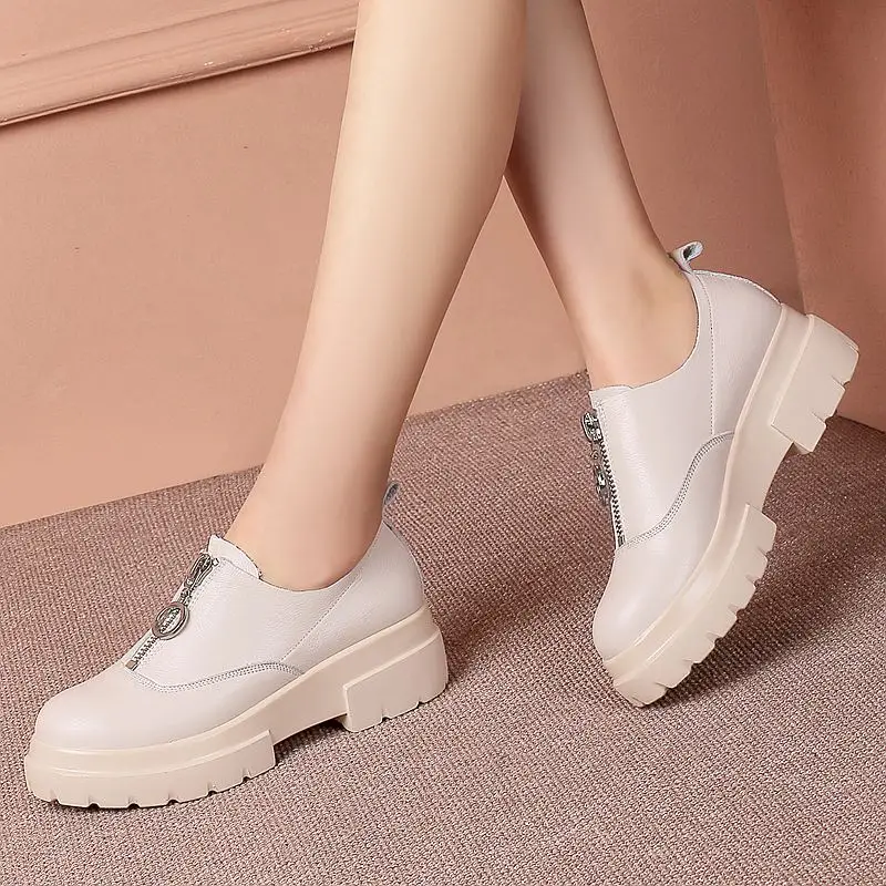 Size42 Luxe Compensées Femme Marque De Vache Vulcanisées Coins Sneakers En Zipper Élégant Chaussures Femmes Beige Décontracté noir Mocassins Cuir À Semelles 5qARL34j