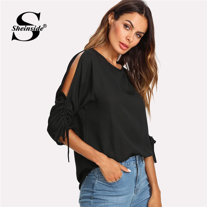 Sheinside Shirred Drawstring Split Sleeve Top 2018 Summer Round Neck 3/4 Sleeve Blouse Women Asymmetrical Casual Blouse
