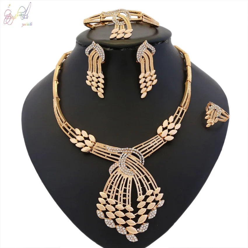 

YULAILI Choker Necklace Bracelet Earrings Ring Fashion Zircon Gold Color Jewelry Set for Women Ladies Accessories
