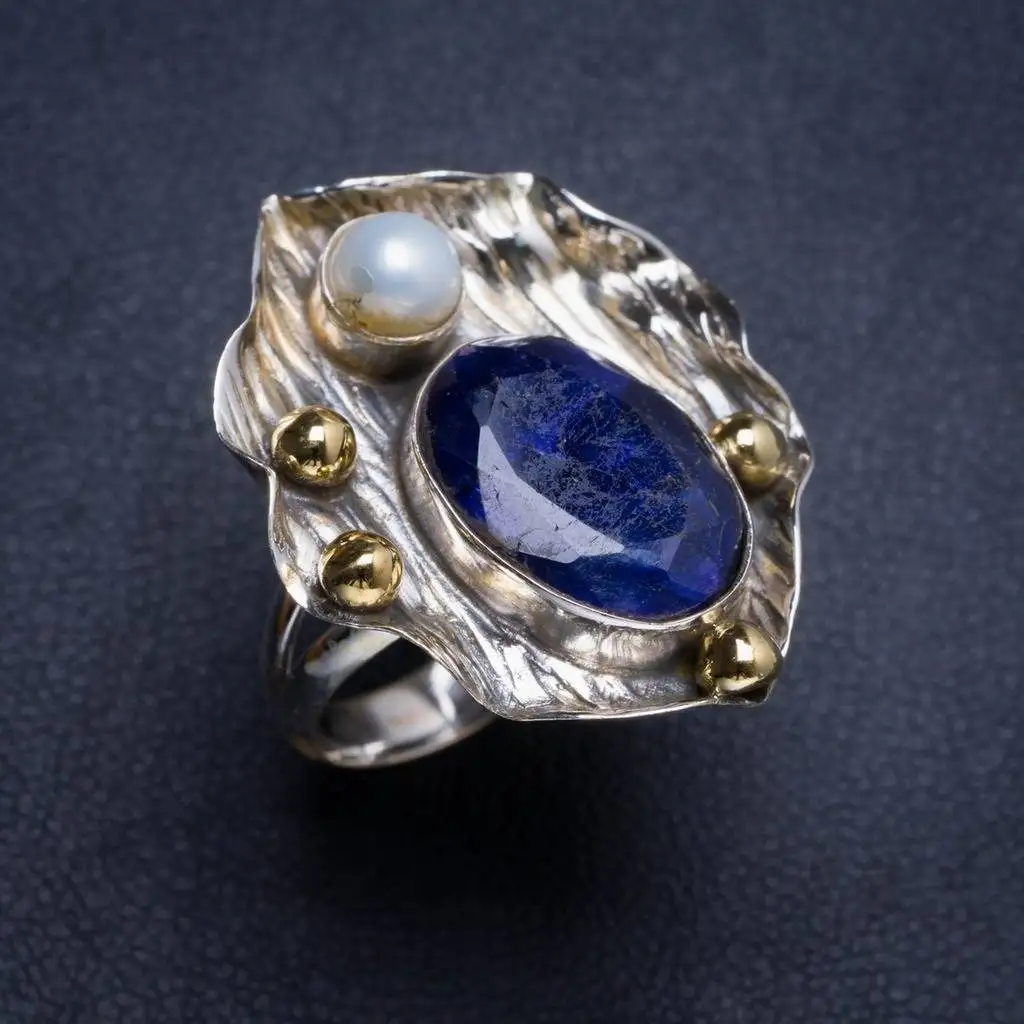 

Natural Sapphire and River Pearl Handmade Unique 925 Sterling Silver Ring 6.75 Y4627
