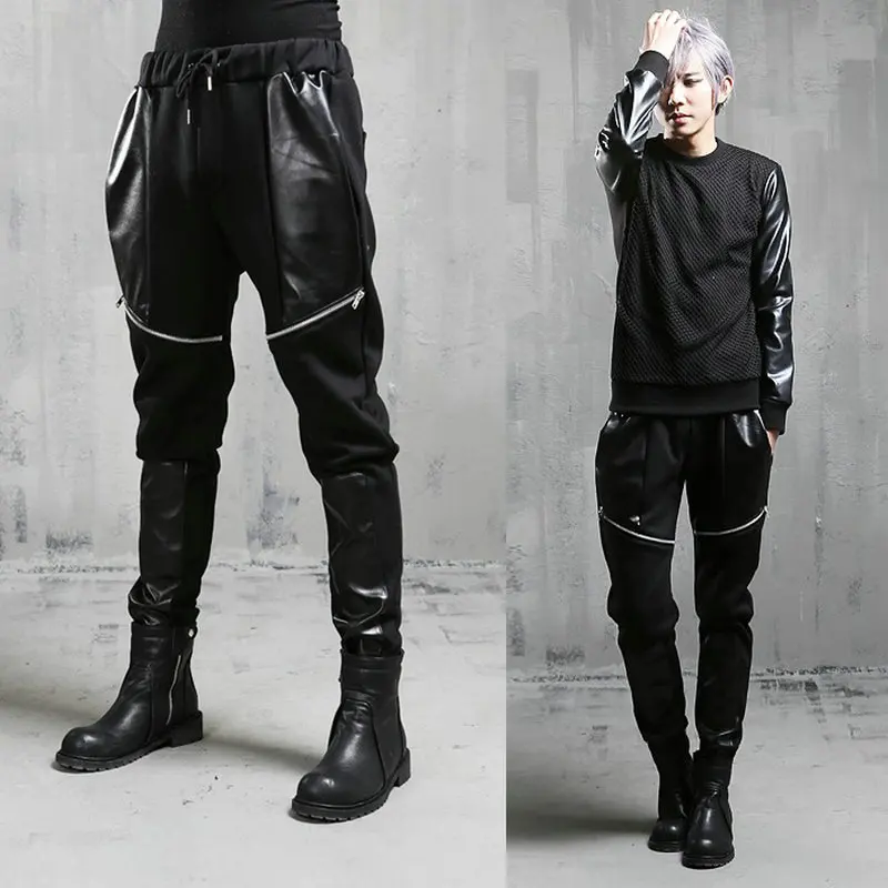 

Summer Men Black Hip Hop Harem Pants Joggers Streetwear Skinny Zippers Pockets Leather Patchwork Camo Cargo Pants Men Sweatpants