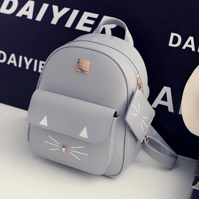 Womens Cat Backpacks PU Leather Shoulder School Bags Cute 3D Cats Girls Mochilas Students Backpack Korean