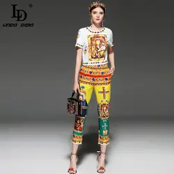 LD LINDA DELLA модной комплект Для женщин короткий рукав в стиле ретро с принтом пуловер Топ и штаны комплект 2 шт. комплекты