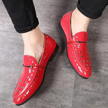 

Plus Size 37~48 Men Pointed Toe Rivet Dress Loafers Slip On Dress Leather Shoes Red Blue Mens Italian Wedding Party Formal Shoes