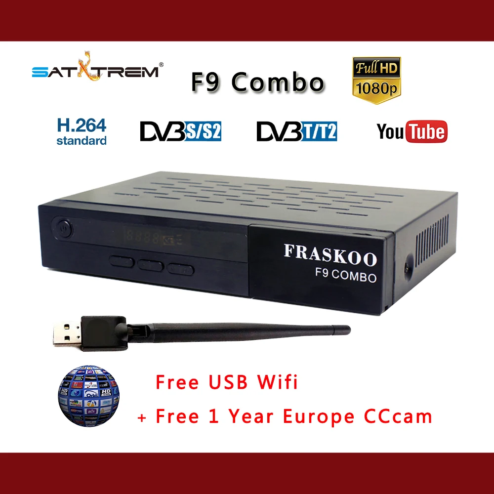 

Fraskoo F9 COMBO with Free CCcam DVB T2 S2 digital Satellite Receiver Full HD 1080p free USB wifi H.264 support Youtube Cccams