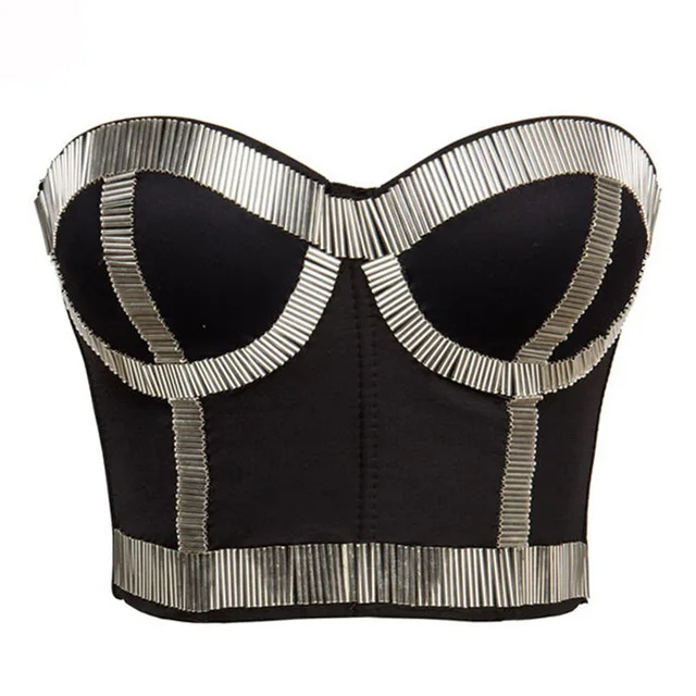 Black Gemstone Diamond Punk Gothic Brassiere Bra Crop Top Women