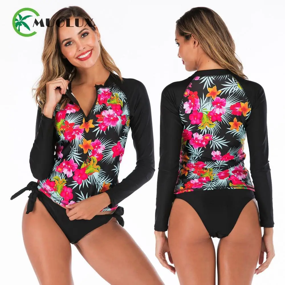 

MUOLUX 2020 Push Up Tankini Bikini Women Swimwear Plus Size 2 Pcs Retro Print Rash Gurad Bathing Suit Long Sleeve Beachwear XXL