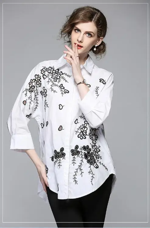 Floral Blusa Bordado Blanco Alta Y Algodón Camisetas Calidad Pesado down Suelta Turn Camisas Camisa Manga De Batwing azul Marino Collar X8XvqC