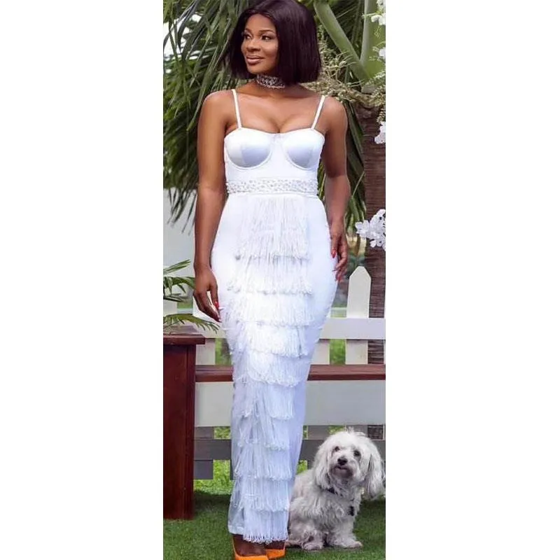 

Elegant new arrival 2017 New White strapless spaghetti strap Tassel Women StrapTop Quality Summer Dress wholesale
