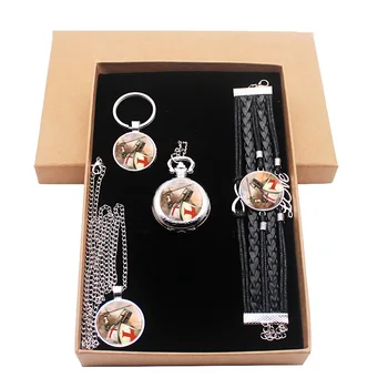 

Fashion Knight Templar Silver Jewelry Gift Set Have Pocket Watch And Pendant Necklace And Key chain Bracelet With Gift Box