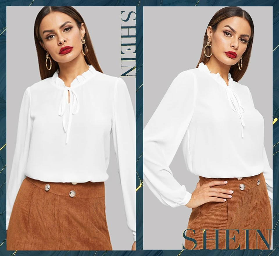 SHEIN Нарядная Однотонная Блузка С Длинным Рукавом, Офисная Блузка С Оригинальным Воротником