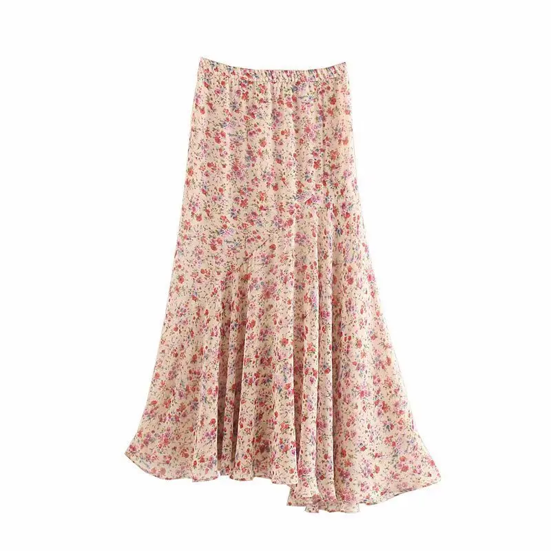 

QZ142 Women Retro Design Floral Print Irregular Length Elastic Waist Chiffon Skirt European Saias