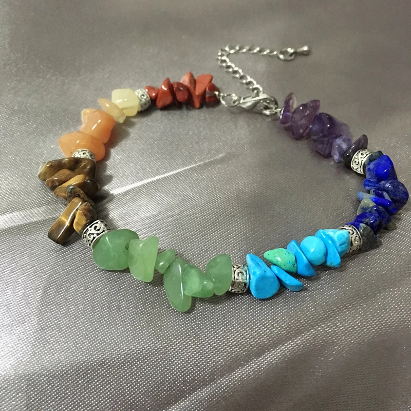 

Vintage Silver Color 7 Chakra Reiki Women Bracelets Natural Quartz Chip Stone Beads Meditation Rainbow Healing Balance Bracelets