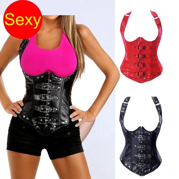

Black Red PVC Leather Corsets Open Bust Lace Up Ribbons Rivet Buttons Control Cincher Corpetes Espartilho Gothic Harness Bustier
