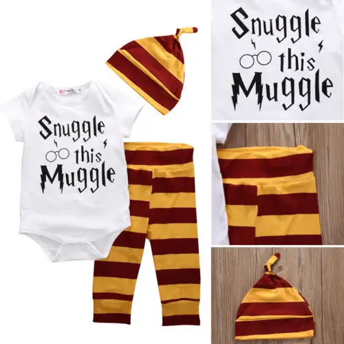 

3Pcs Newborn Baby Boys Rompers Tops Striped Pants Hats Outfits Set Kids Clothes