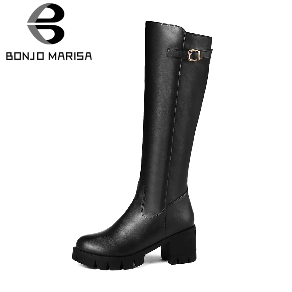 

BONJOMARISA 2020 Winter Plus Size 34-46 Round Toe Women Platform Knee High Boots Zipper Black High Chunky Heels Shoes Woman