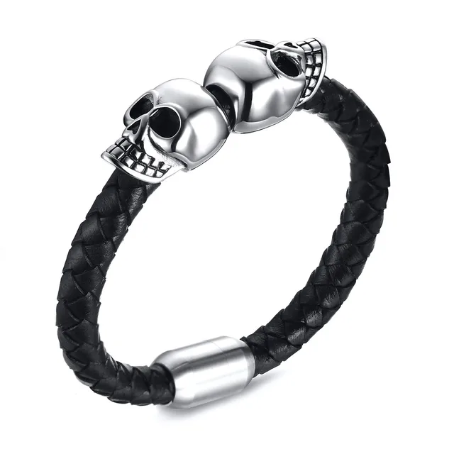 Mens Genuine Leather Double Skull Bracelet Stainless Steel Magnetic Mens Genuine Leather Double Skull Bracelet Stainless Steel Magnetic Clasp Wristband Bangle Punk Bike Fashion Jewlery