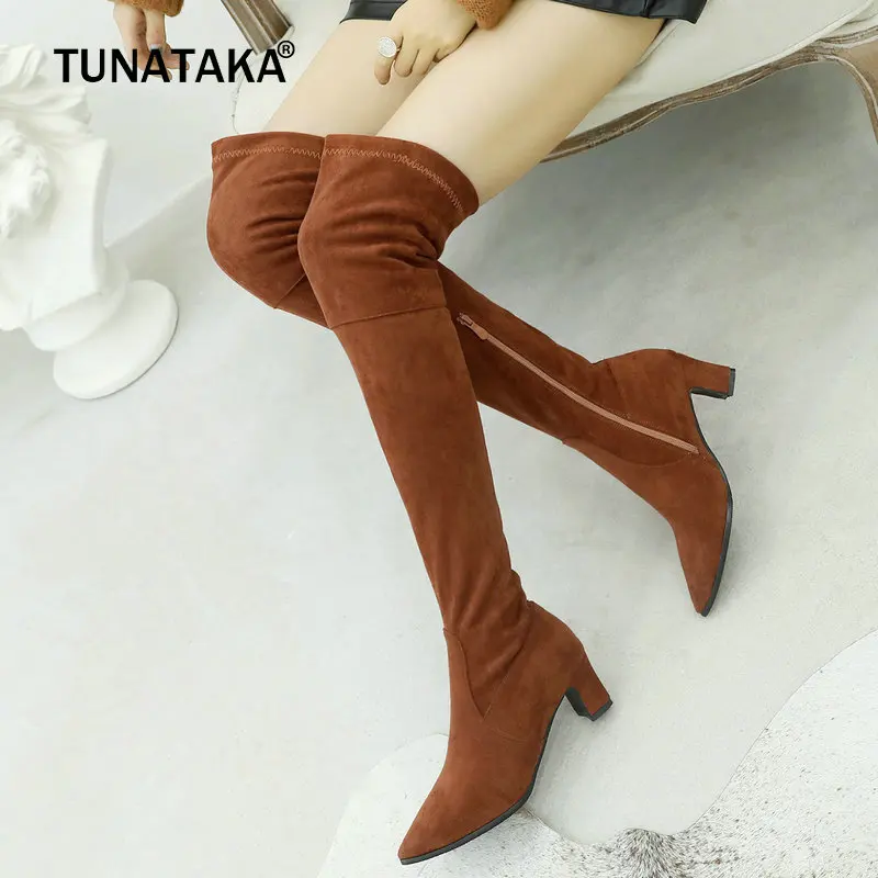 

2018 Women Winter Shoes Fashion Over the Knee Boots Flock Leather Low Square Heel Thigh Boots Sexy Pointed Toe Zipper Shoes