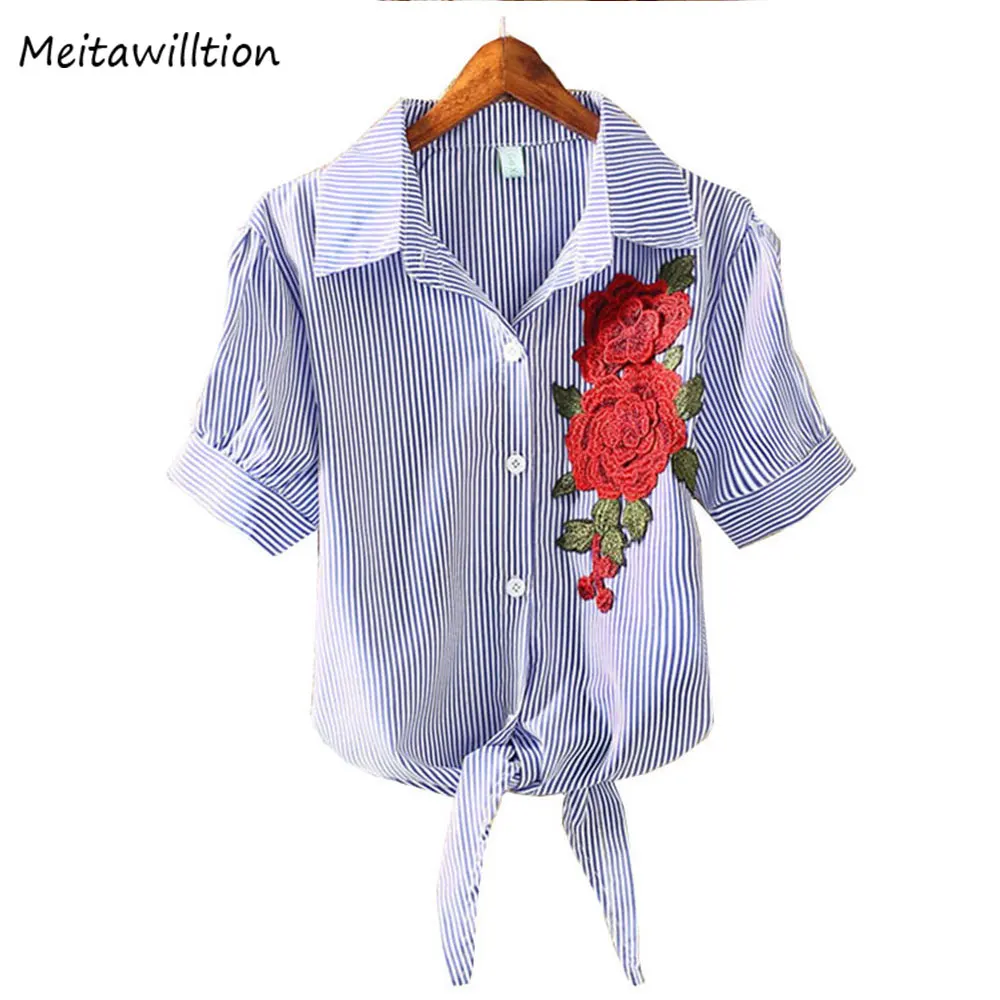 

New Summer 2018 Embroidery Blouse Kimono Pinstripe Women Blouse Short Puff Sleeve Blusas Embroidered Shirts Female Clothing