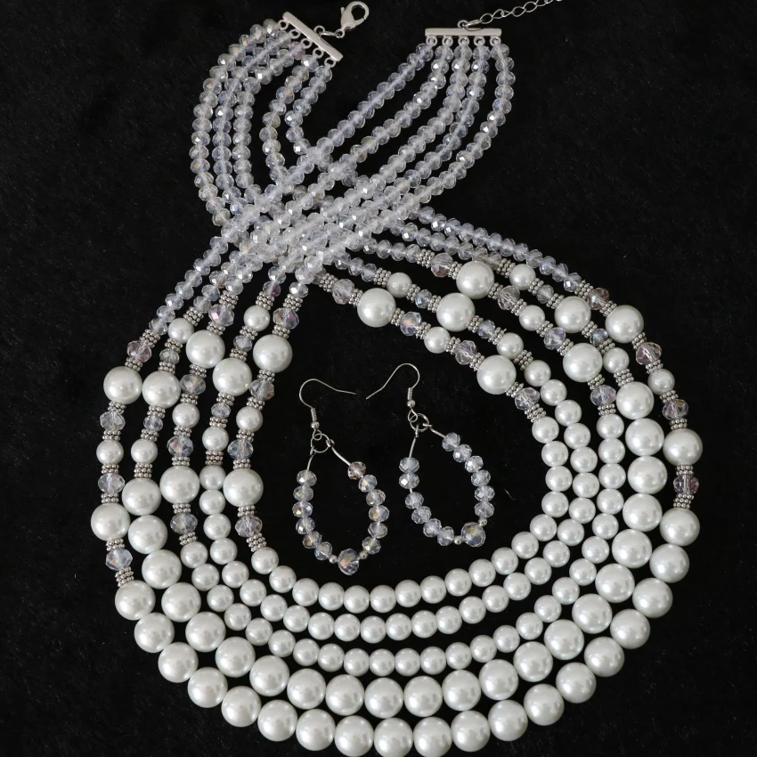 Elegant white shell simulated-pearl round beads glass crystal high grade 5 rows necklace earrrings for women jewelry set B983-20