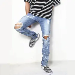 Высокая мода проблемных в стиле хип-хоп мужские джинсы ноги молния уничтожены рваные slim fit человек джинсы уличной городской стиль джинсы